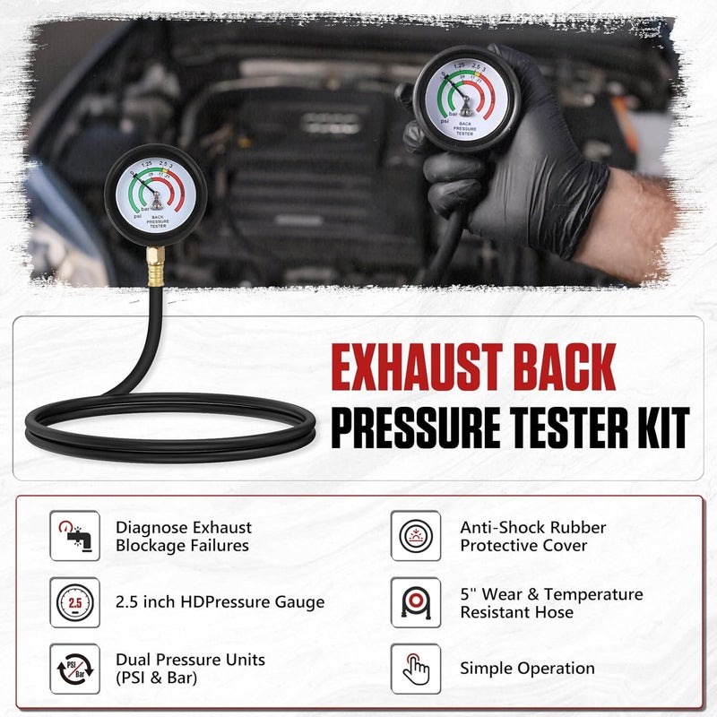 ELEY Exhaust Back Pressure Tester Kit，Professional Automotive Exhaust Back Pressure Gauge Set with 5-Foot Hose - Image 2